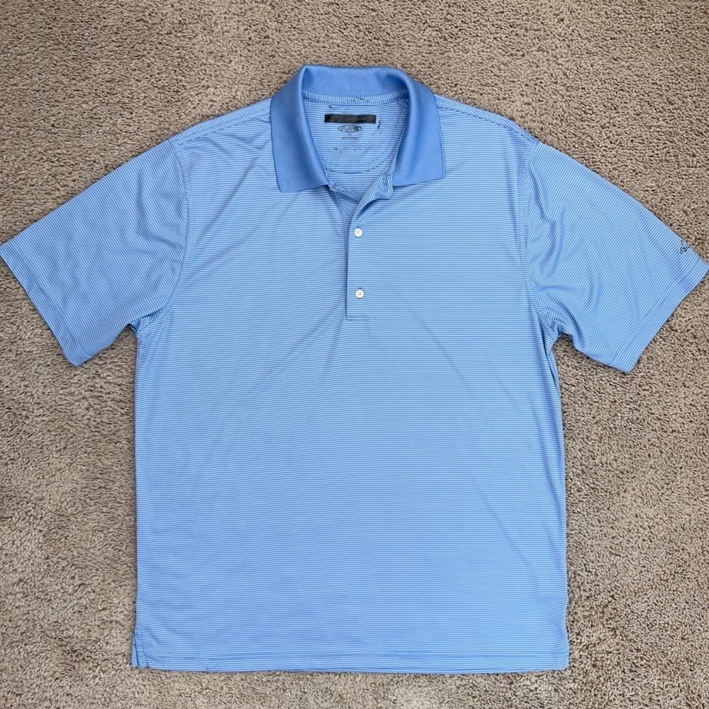 Greg Norman Play Dry Golf Polo Shirt Mens L Blue Striped Shark‎ Logo Casual Top